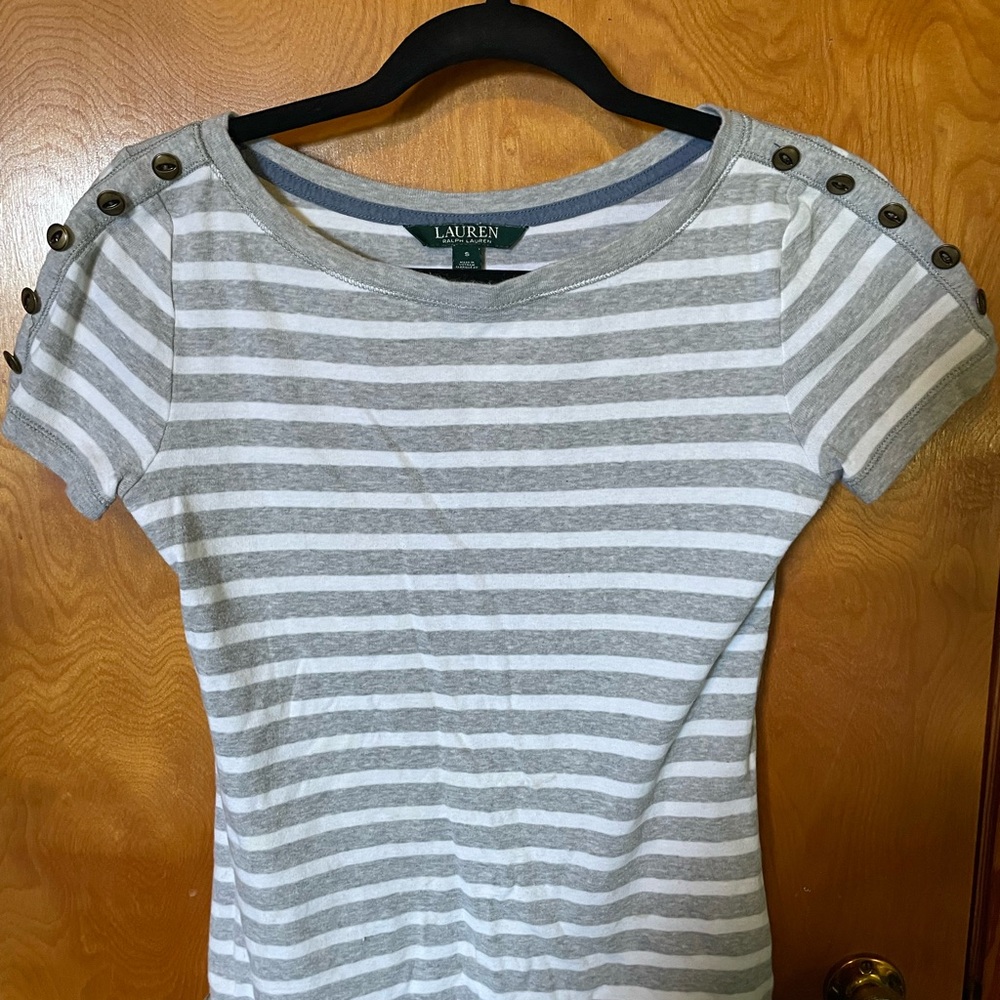 Ralph Lauren Gray and White Fitted Buttoned Short Sleeve Tee